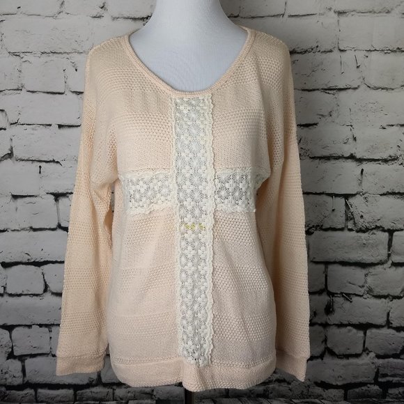 Lightweight Peach Colored Knit Sweater w Lace - Picture 1 of 8